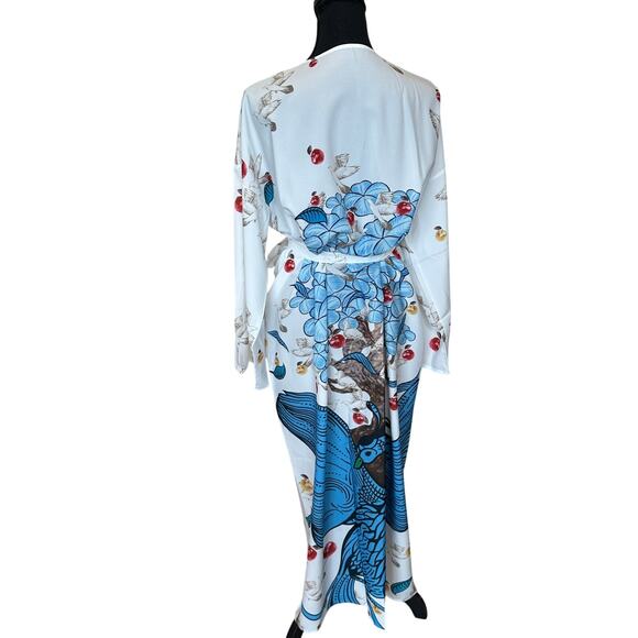 Peacock Kimono Cover Ups Longline One Size Duster Satin White Boho Festival NEW - Picture 3 of 6
